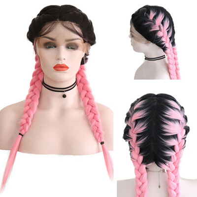 

〖Follure〗Synthetic Braided Double Front lace Wig Long Straight Pink Wigs Heat Resistant