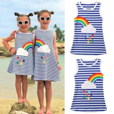 

Rainbow Striped Baby Kids Girls Sister Summer Dress Party Sundress Clothes