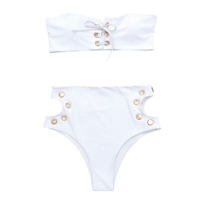 

Ring Lace-up Bandeau Bikini Set Padded High Waist Cut Out Women Swimwear