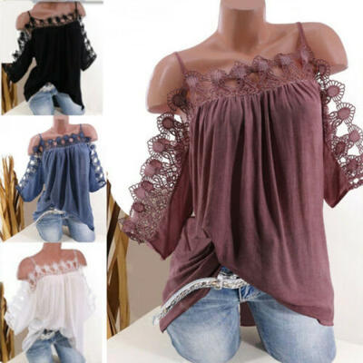 

Womens Summer Cold Shoulder Tee T Shirt Loose Casual Tunic Tops Blouse Plus Size