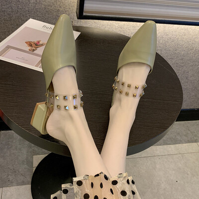 

Mueller shoes womens half drag 2019 summer new pointed thick with net red rivet foreign gas Joker small sweet shoes
