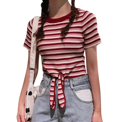 

Women Summer T Shirt Striped Short Sleeve Femme Korean Tee Ladies Casual O Neck Bandage Knitted Crop Top