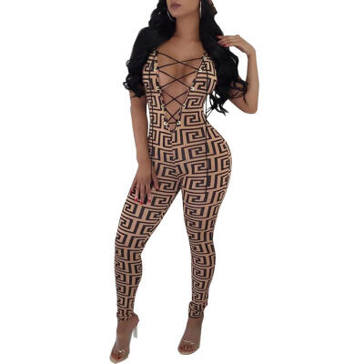

Sexy Deep V Neck Women Bandage Jumpsuit Geometric Print Party Club Bodysuit