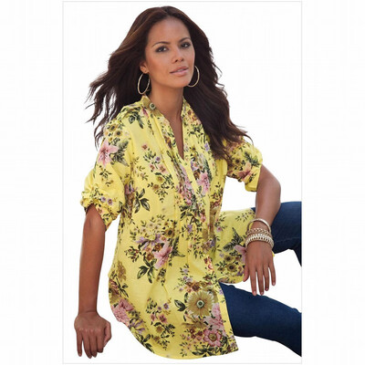 

V-neck half-sleeve button floral print shirt casual loose top