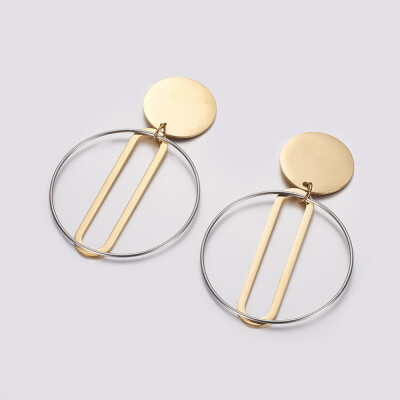 

304 Stainless Steel Dangle Stud Earrings Ring&Oval Golden & Stainless Steel Color 64mm Pin 08mm