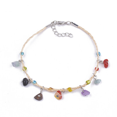 

Handmade Braided Raffia Anklets Lucky Raffia with Chip Mixed Stone & Silver Lined Seed Beads Iron Lobster Clasp&Extender Ch