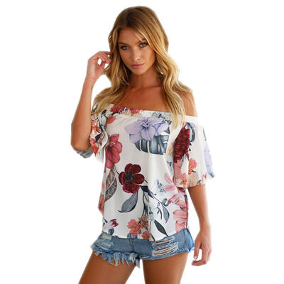 

Sexy Off Shoulder Women Lady T Shirt Flower Short Sleeve Summer Casual Tops