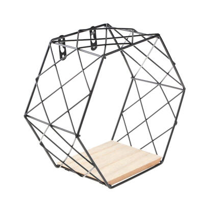 

Iron Hexagonal Grid Wooden Storage Rack Metal Wall Hanging Display Shelf