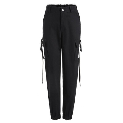 

Fashion Women Long Pants Solid High Waist Pocket Strap Side Casual Loose Cargo Trousers Streetwear KhakiGreenBlack