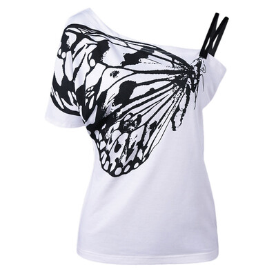 

Skew Collar Butterfly Print T-Shirt