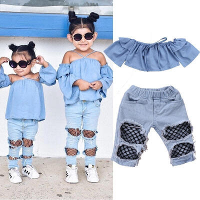 

Toddler Kids Baby Girls Off Shoulder Tops Denim Pants Hole Jeans Outfits Clothes