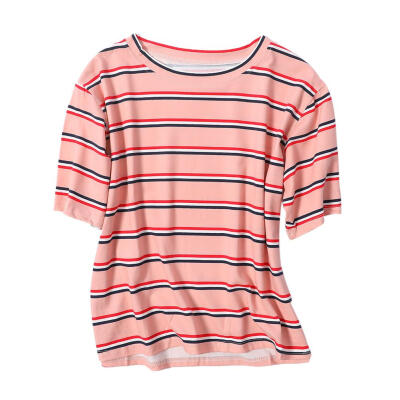 

Hit Color Stripe Tops Women Summer Short Sleeve O Neck Casual T-shirts