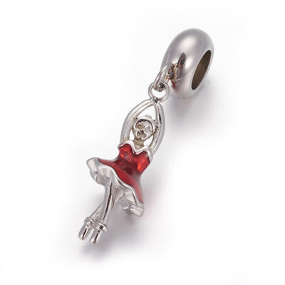 

304 Stainless Steel European Dangle Beads with Enamel Large Hole Pendants Ballet Dancer Stainless Steel Color Red 28mm