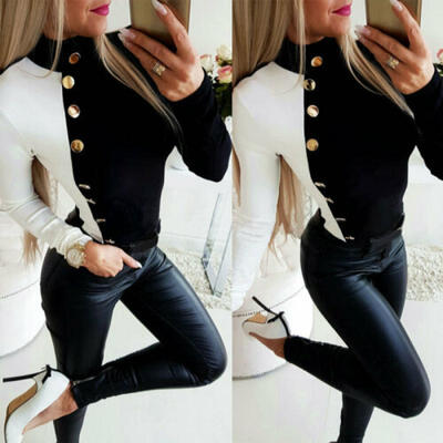 

Womens Ladies Long Sleeve Turtleneck Patchwork Casual Blouse Button Top T-shirt