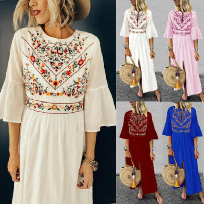 

Women Short Sleeve Boho Casual Loose Floral Kaftan Maxi Dress Ladies Long Dress