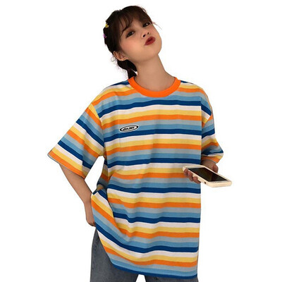 

Womens Fashion Summer Casual T Shirt Short Sleeve O-Neck Rainbow Striped Loose Long Tee