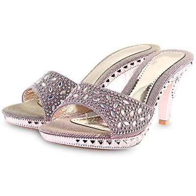

Fashionable Rhinestone Embellishment Open Toe Thick High Heel Slippers for Women