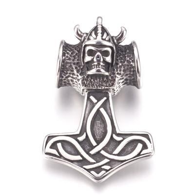 

304 Stainless Steel Pendants Thors Hammer with Skull Antique Silver 53x365x19mm Hole 9x10mm
