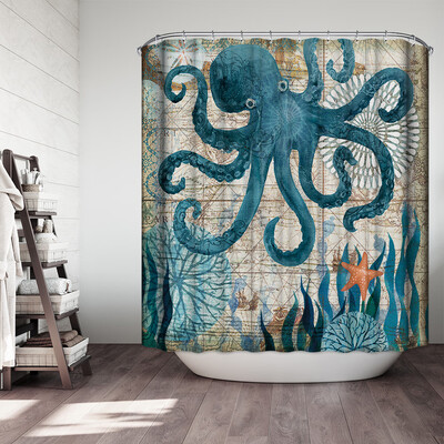 

4Pcs 3D Digital Printing Mats Bath Mat Shower Curtain Toilet Cover Pedestal Mat Summer Turtle Octopus Starfish Pattern Mats Kit