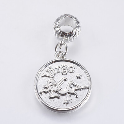 

Alloy European Dangle Beads Large Hole Pendants ConstellationZodiac Sign Platinum with Word Practical Virgo 33mm