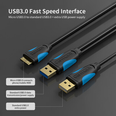 

VENTION USB Type A Male to Micro B Cable Super Speed USB30 Cable with Extra Power Supply 1m for External Hard Drive Samsung S5 an