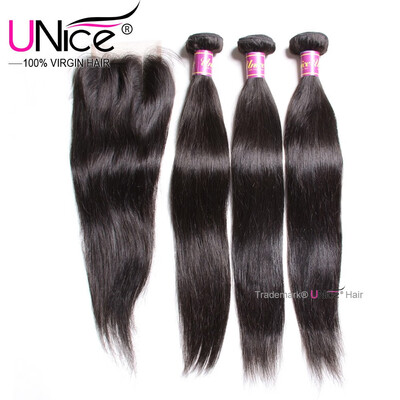 

UNice Hair Bundles with Closure 8A Brazilian Straight Human Hair Three part