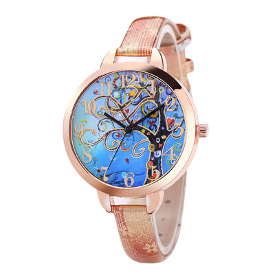 

FanTeeDa Casual Women Watches Colorful Tree Leather Analog Quartz Wristwatches Fashion Clock ladies Watch Montre Femme 533