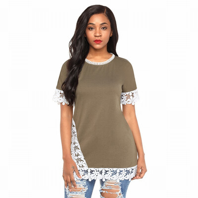 

Round neck short-sleeved exquisite lace womens T-shirt casual simple top