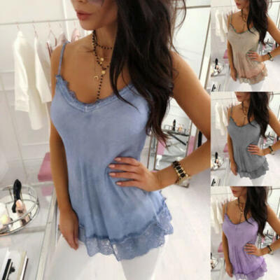 

Women Lace Vest Sleeveless Loose Camisole V-Neck Top Casual Blouse sling T-shirt