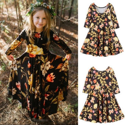 

Princess Kids Baby Girls Cotton Long Sleeve Party Evening Floral Long Dresses