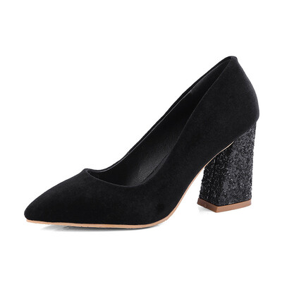 

IDIFU Womens Comfy Pointed Toe Pump - Velvet Glitter Sequined Block High Heels - Low Cut Slip on Work Shoes