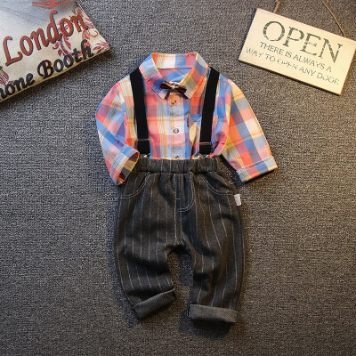 

Toddler Newborn Boy Autumn Outfits Long Sleeve Plaid Print TopStrap Trousers Casual Sets