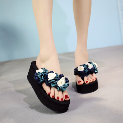 

Rose Fashion Women Slip-on Open Toe Wedges Summer Heels Color Flower Slipper Shoes