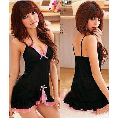 

Womens Sexy Black Pink Frilly Babydoll Baby Doll Chemise Lingerie Nightie