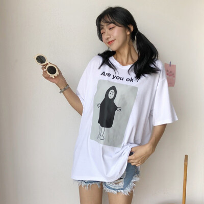 

Womens Casual Round Neck Cartoon & Letters Print Short Sleeve Loose Pullover T-Shirt