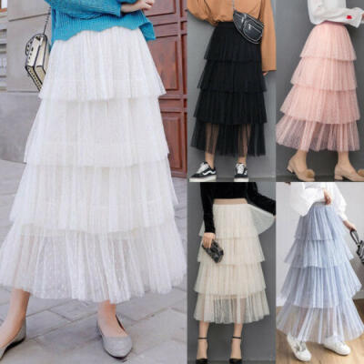 

6 Colors Womens Ladies Pleated Tulle Dot Skirt High Waist A Line Skirt Dress