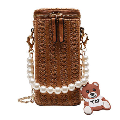 

Pearls Shoulder Messenger Handbags Women Straw Chain Crossbody Bucket Bags