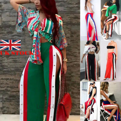 

UK Womens Button Skinny Split Side Slit High Waist Wide Leg Pants Long Trousers