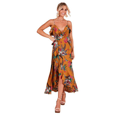 

V-neck Irregular Long Dress Sleeveless Women Floral Print Tunic Dresses