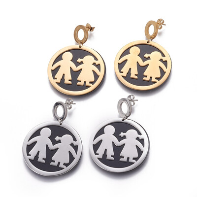 

304 Stainless Steel Stud Earrings with Plastic Flat Round with Lovers Mixed Color 48mm Pendant 35x2mm Pin 08mm