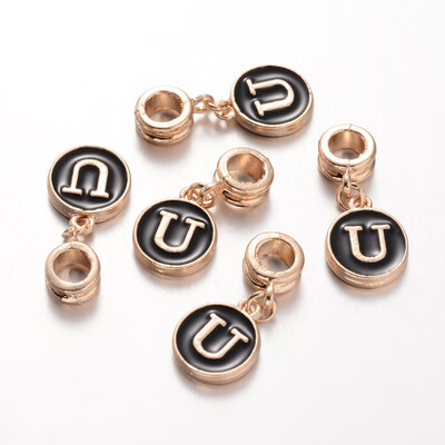 

Alloy Enamel European Dangle Beads Flat Round with LetterU 27mm Hole 5mm