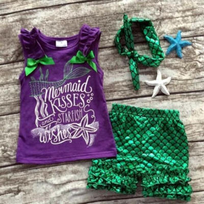 

US Toddler Kids Baby Mermaid Girl Clothes Tank Tops PantsHeadbands Outfit Set