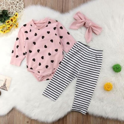 

Newborn Baby Girl Long Sleeve Romper Jumpsuit Stripe Pant Headaband Cotton 3Pcs Outfits Clothes Set