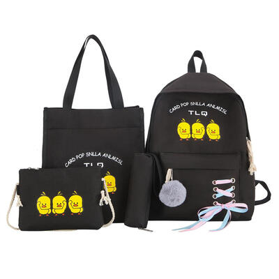 

4pcsset Cartoon Print Backpack Women Travel Canvas Shoulder Totes Pen Bags