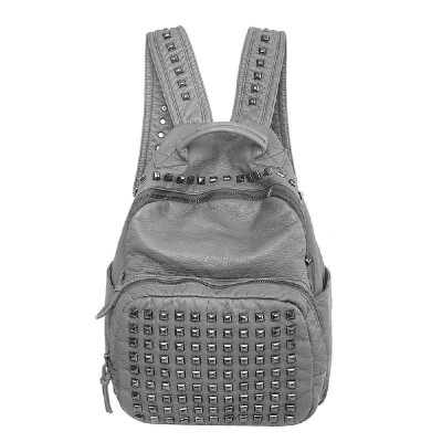 

New Fashion Women Backpack Soft PU Rivets Zipper Grab Handle Top Pockets School Travel Bag BlackGrey