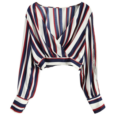 

Slit Sleeve Striped Cropped Surplice Blouse