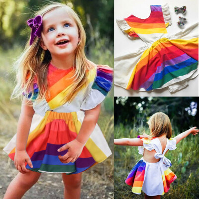 

Toddler Baby Girls Sleeveless Dresses Rainbow Print Backless Dress Clothes