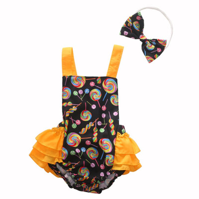 

1293 Cotton Lollipop Print Romper Bow Headwear Set