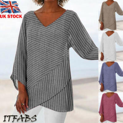 

UK Women Long Sleeve Linen Baggy Blouse Shirt Ladies Summer Tunic Tops Size 6-16