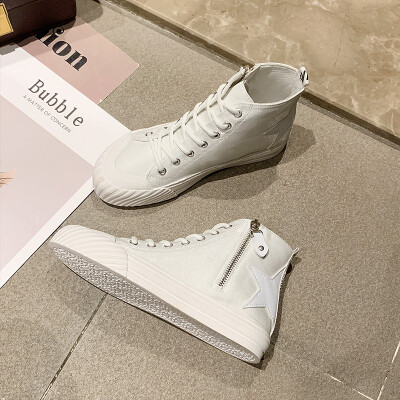 

2019 new high-handed biscuit canvas shoes female students Korean version of retro Hong Kong style hundred fashion shoes white shoe